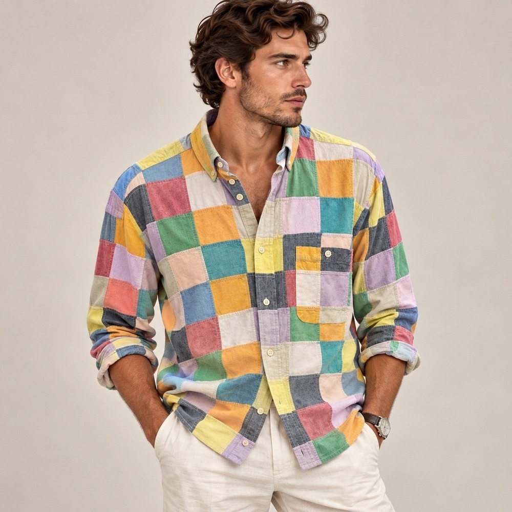 Orvis Patchwork Multi-Color Cotton Button Down Shirt Mens XL 90s Vintage